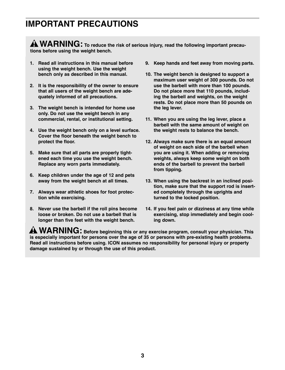 Warning, Important precautions warning | Weider WEBE05920 User Manual | Page 3 / 16