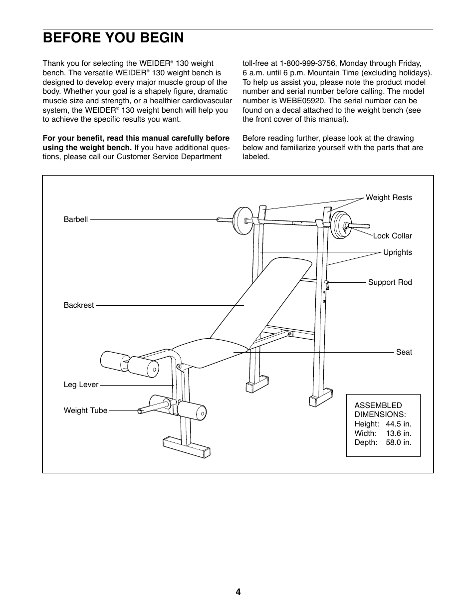 Before you begin | Weider WEBE05920 User Manual | Page 4 / 16