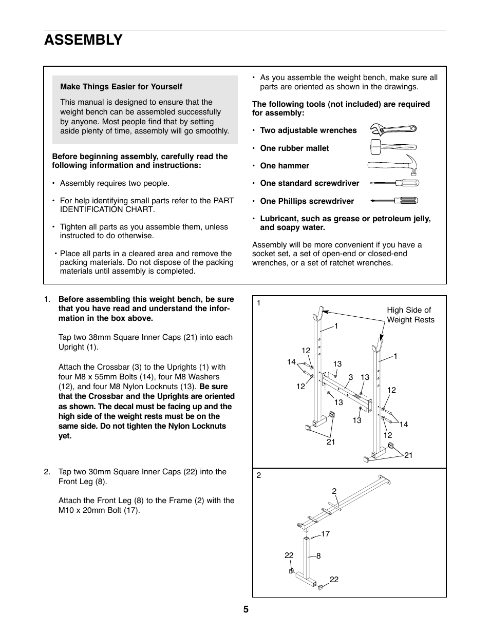 Assembly | Weider WEBE05920 User Manual | Page 5 / 16