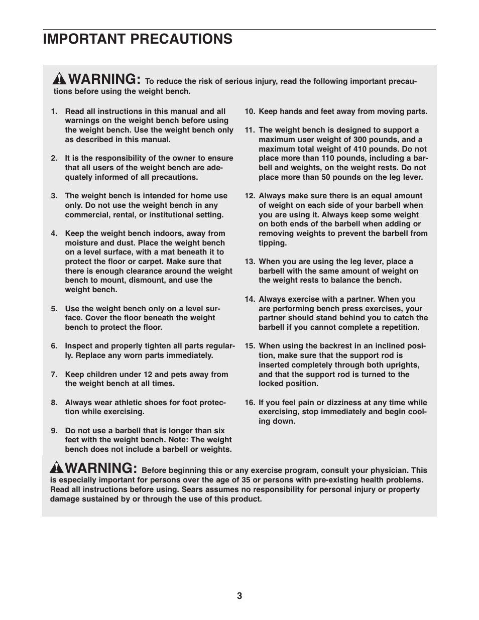 Warning, Important precautions | Weider PRO 240 831.15607.0 User Manual | Page 3 / 15