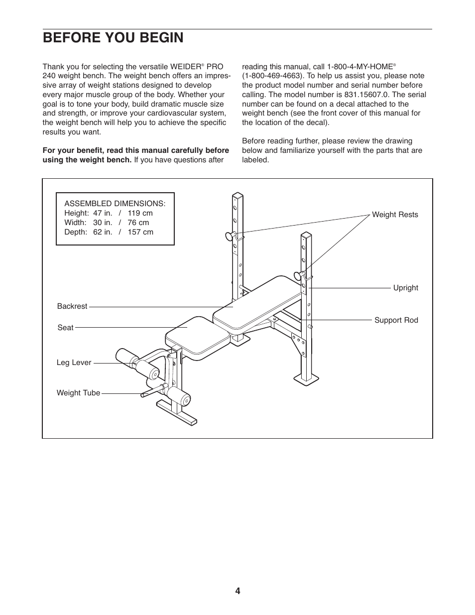 Before you begin | Weider PRO 240 831.15607.0 User Manual | Page 4 / 15