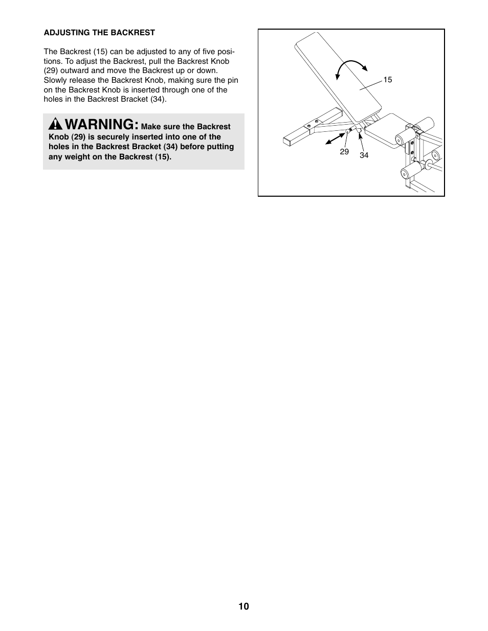 Warning | Weider WEBE09100 User Manual | Page 10 / 16