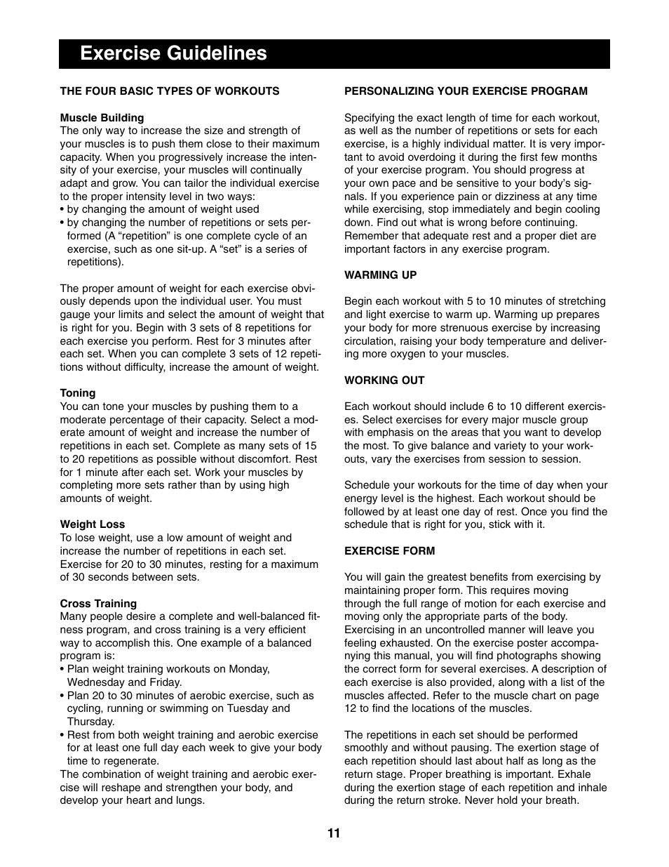 Exercise guidelines | Weider WEBE09100 User Manual | Page 11 / 16