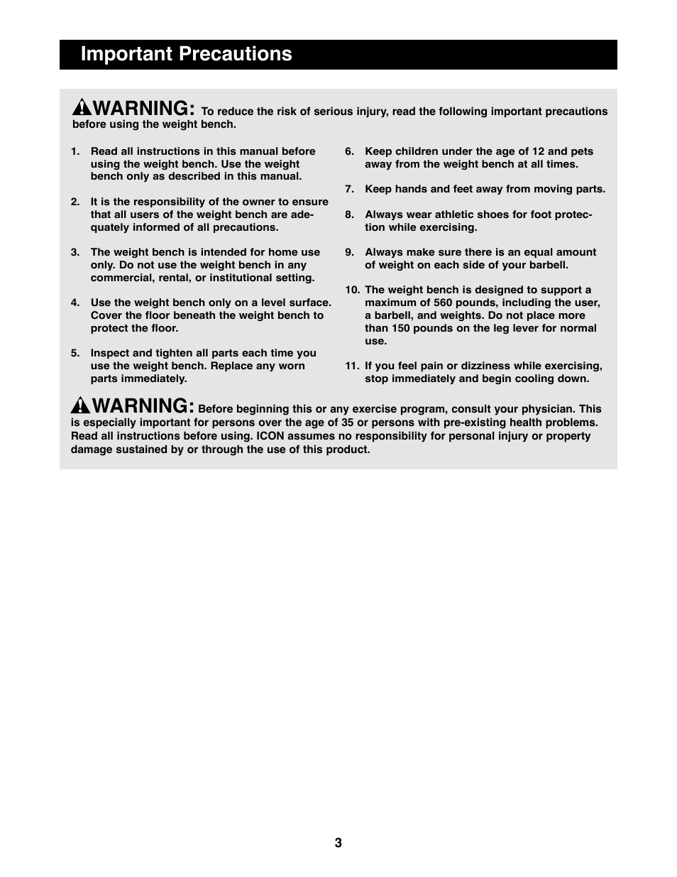 Important precautions warning, Warning | Weider WEBE09100 User Manual | Page 3 / 16