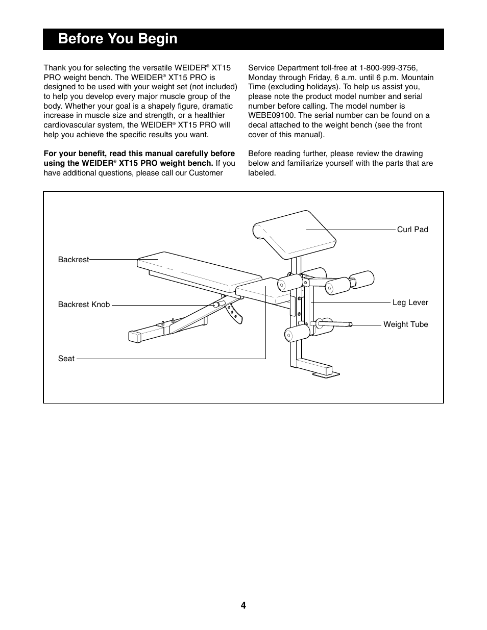 Before you begin | Weider WEBE09100 User Manual | Page 4 / 16