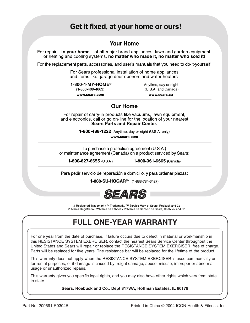 Full one-year warranty | Weider 831.153992 User Manual | Page 27 / 27