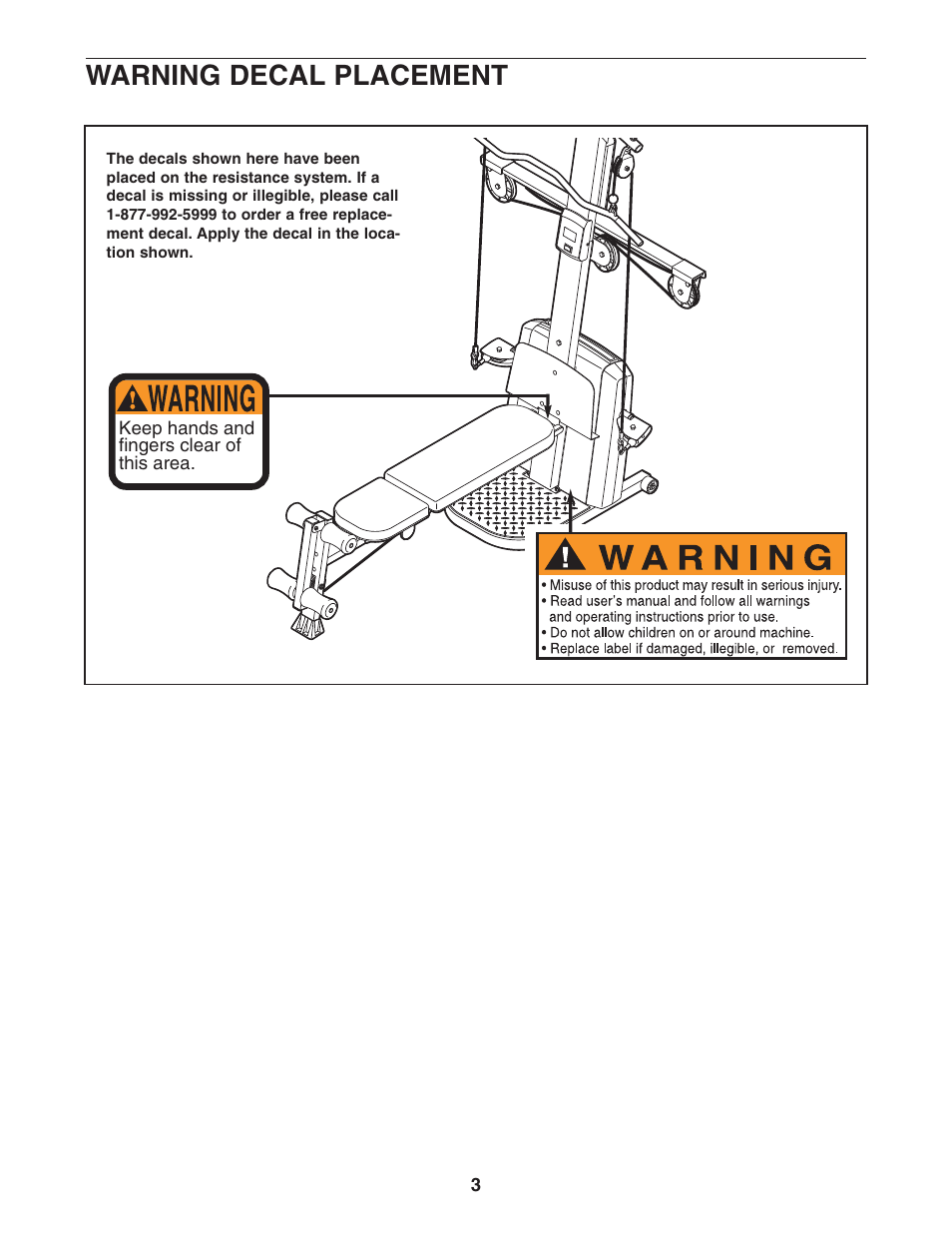 Warning decal placement | Weider 831.153992 User Manual | Page 3 / 27