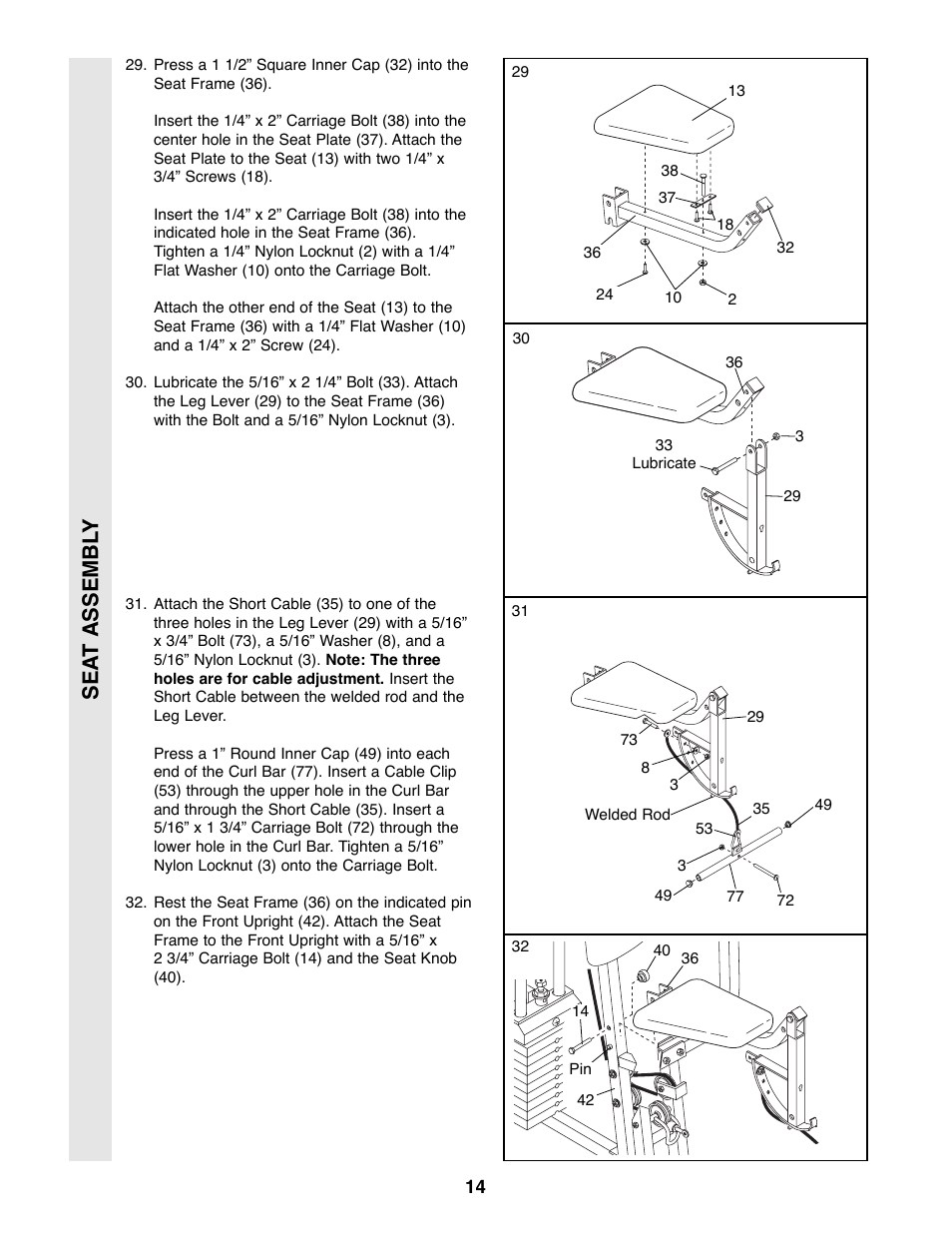 Sea t assembl y | Weider XR20 User Manual | Page 14 / 27