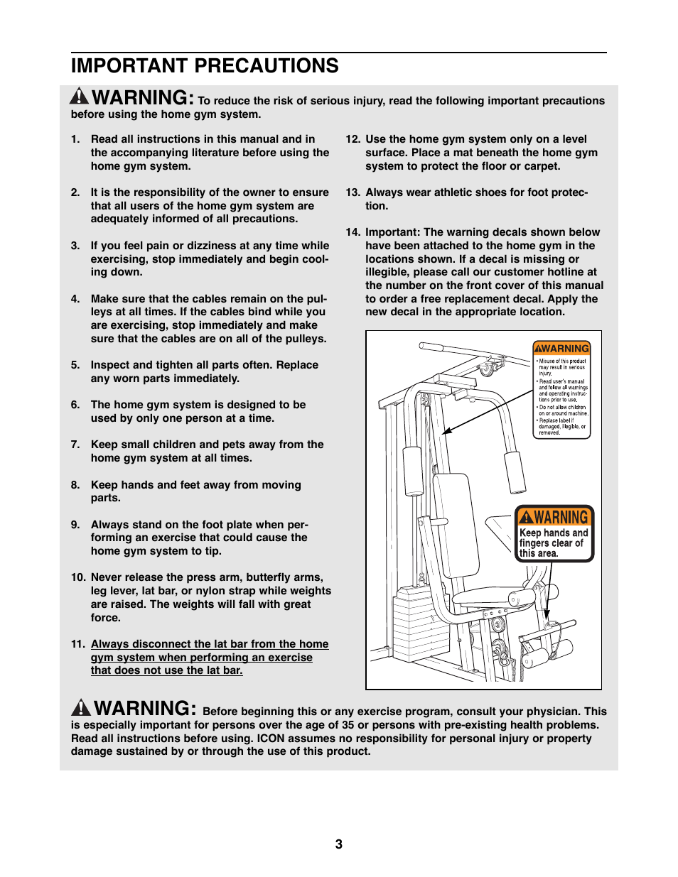 Important precautions warning, Warning | Weider XR20 User Manual | Page 3 / 27