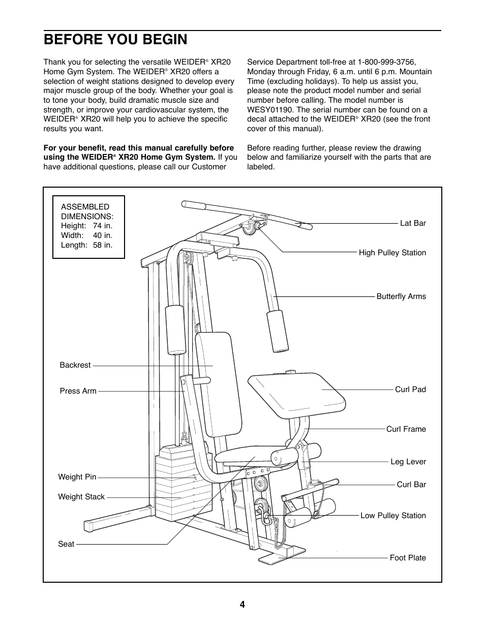 Before you begin | Weider XR20 User Manual | Page 4 / 27