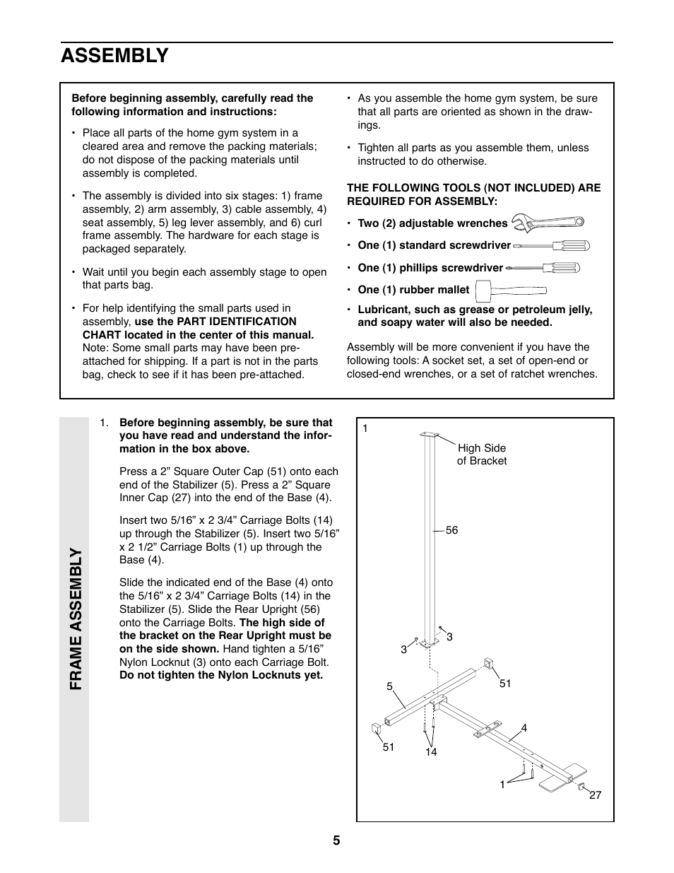 Assembly, Frame assembl y | Weider XR20 User Manual | Page 5 / 27