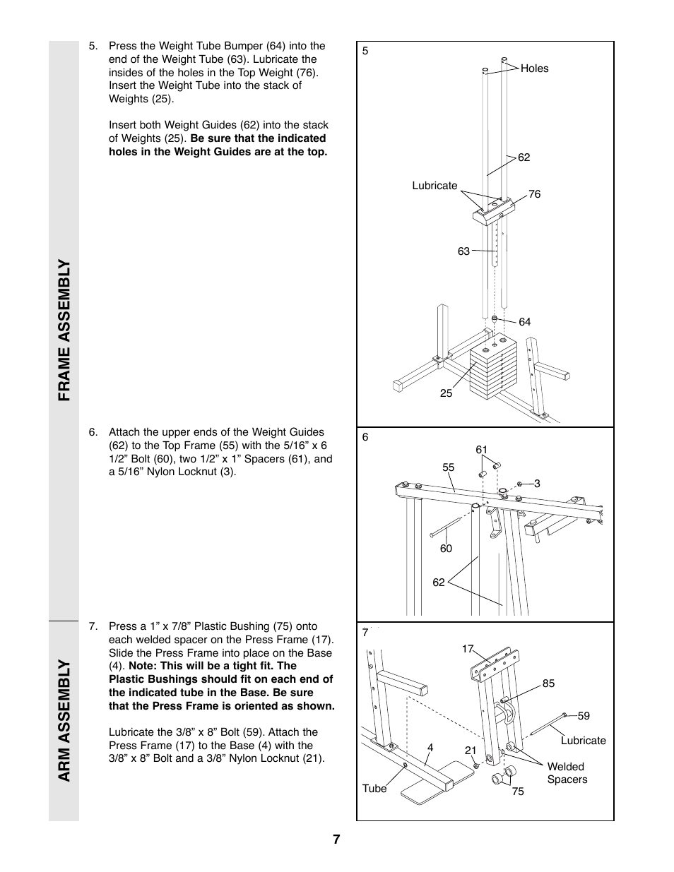 Frame assembl y, Arm assembl y | Weider XR20 User Manual | Page 7 / 27