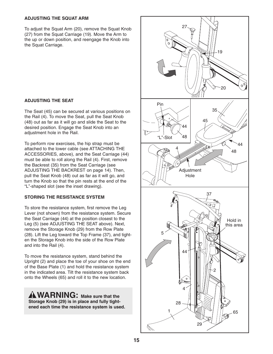 Warning | Weider WESY75741 User Manual | Page 15 / 27