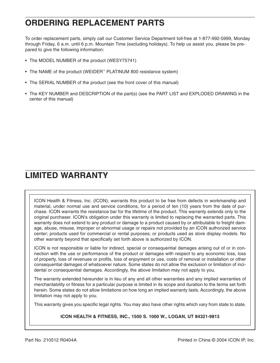 Ordering replacement parts, Limited warranty | Weider WESY75741 User Manual | Page 27 / 27