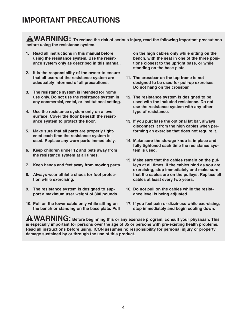 Warning, Important precautions | Weider WESY75741 User Manual | Page 4 / 27