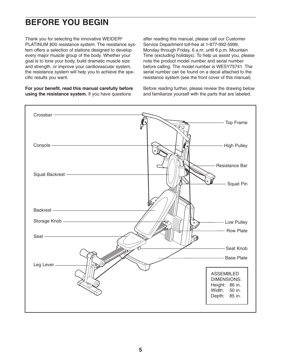 Before you begin | Weider WESY75741 User Manual | Page 5 / 27