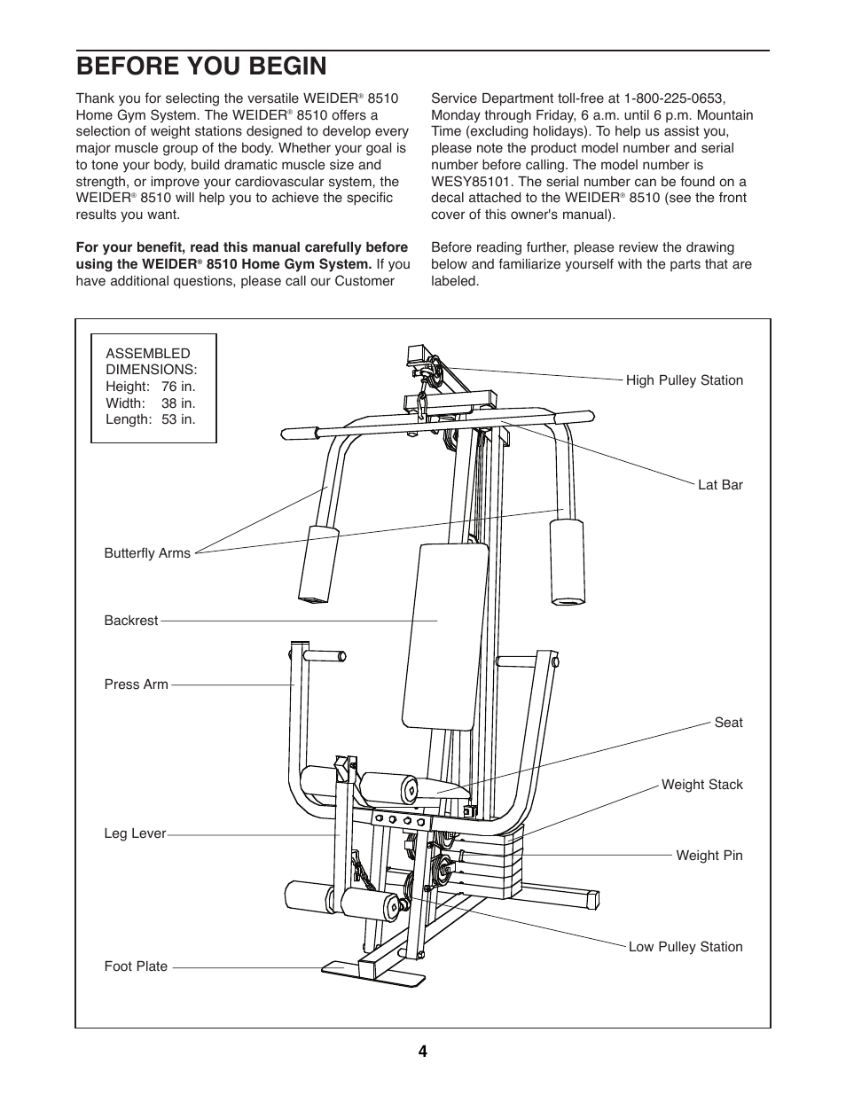 Before you begin | Weider 8510 User Manual | Page 4 / 27