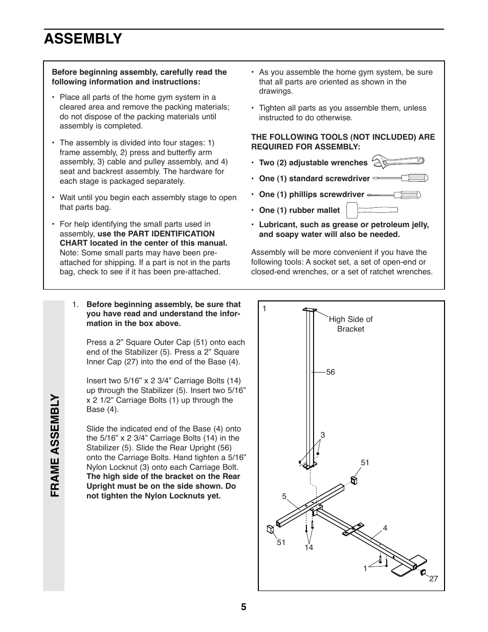 Assembly, Frame assembl y | Weider 8510 User Manual | Page 5 / 27