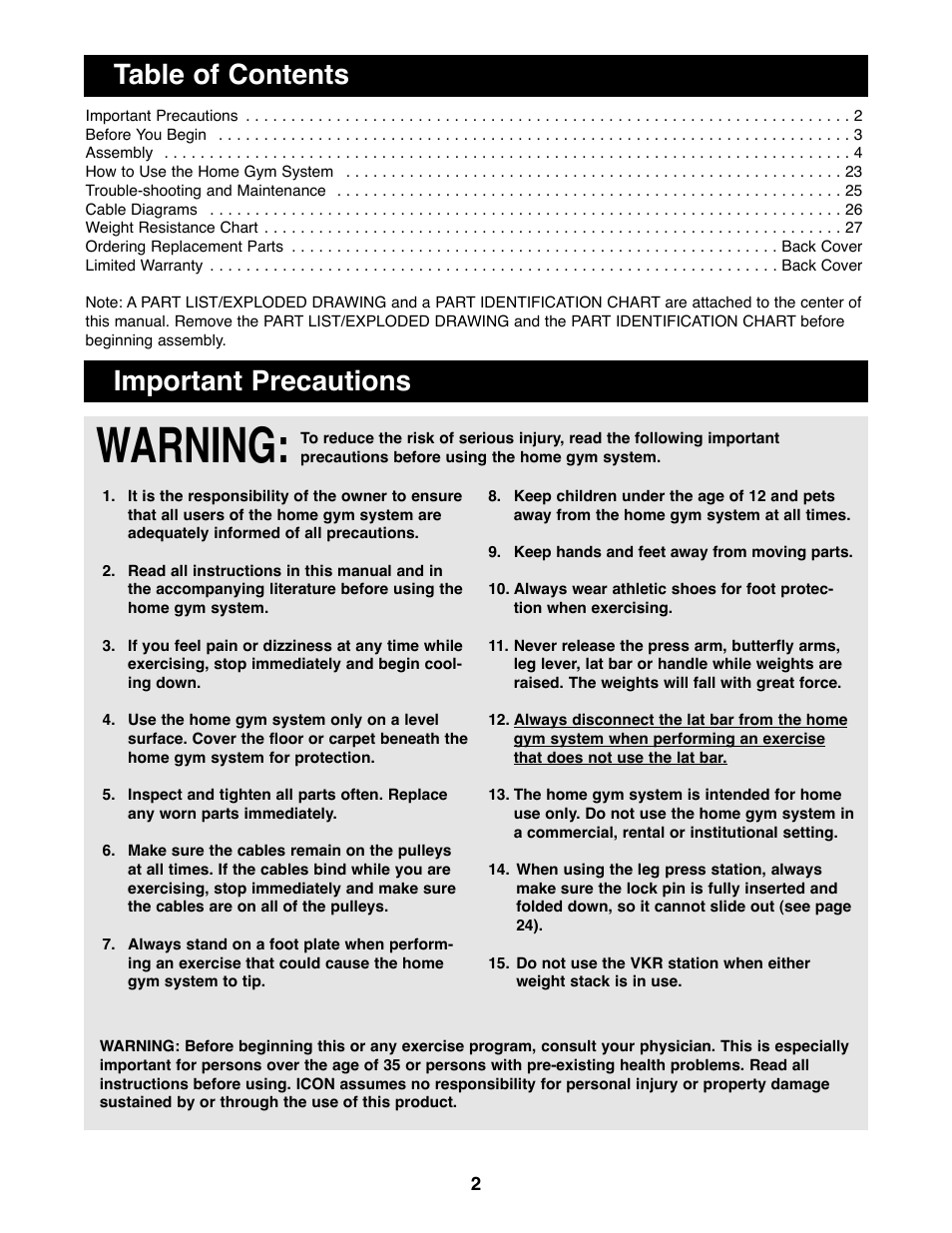 Warning, Table of contents important precautions | Weider WESY41080 User Manual | Page 2 / 33