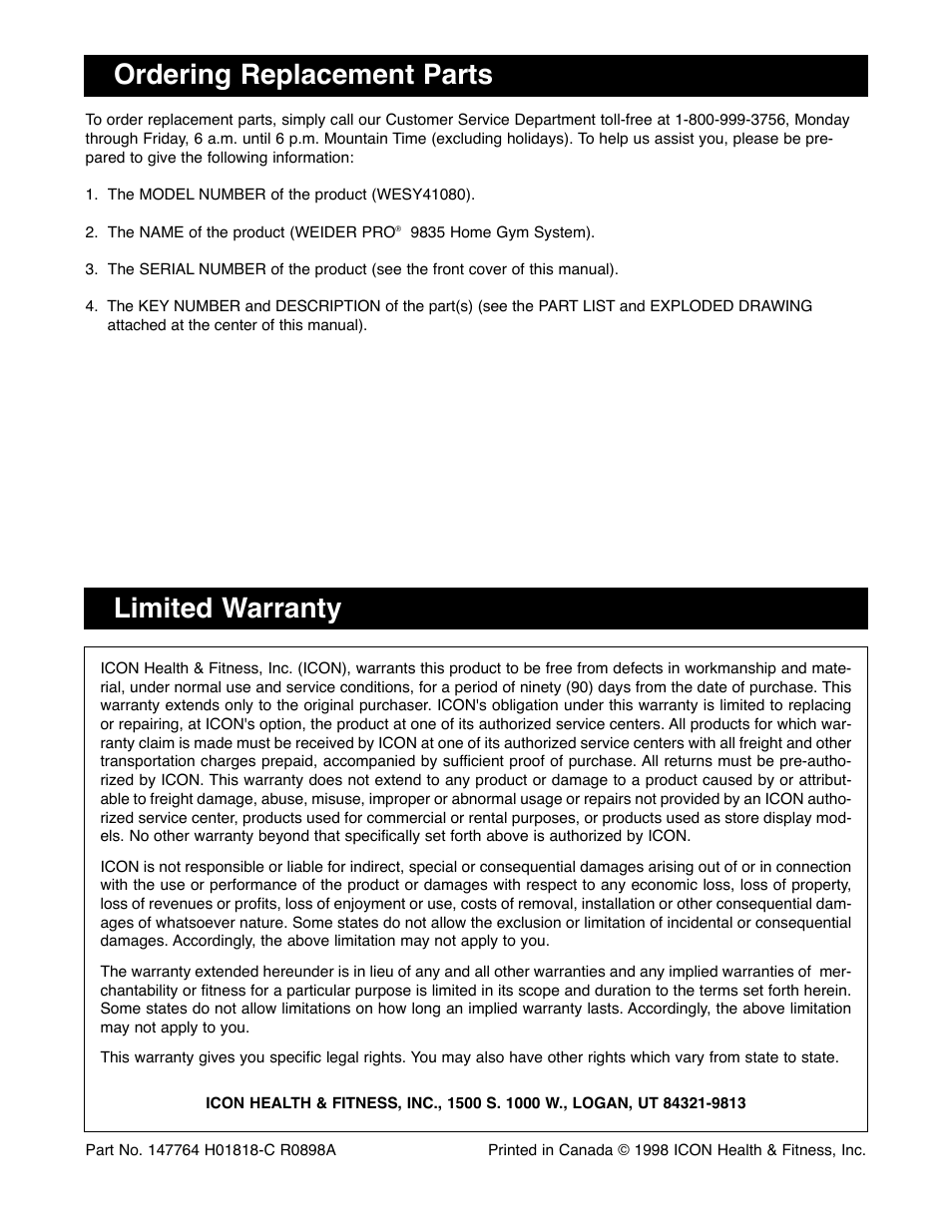 Ordering replacement parts limited warranty | Weider WESY41080 User Manual | Page 33 / 33