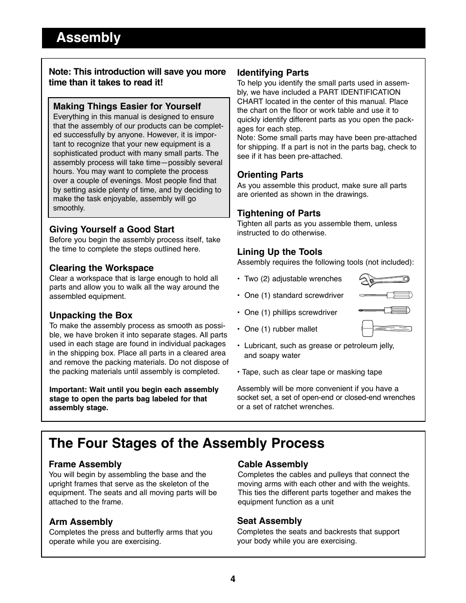 Assembly, The four stages of the assembly process | Weider WESY41080 User Manual | Page 4 / 33