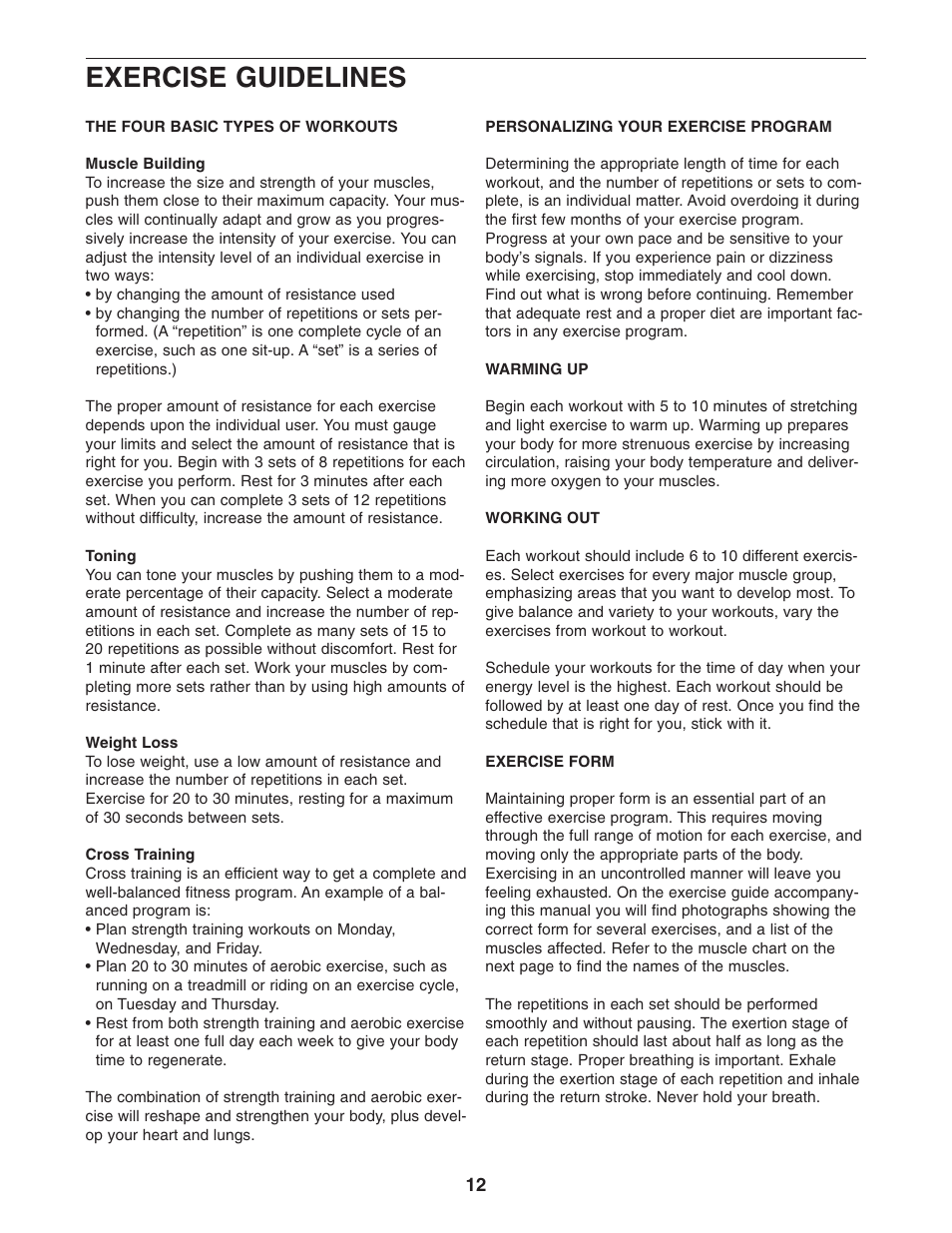 Exercise guidelines | Weider 831.15711.0 User Manual | Page 12 / 20