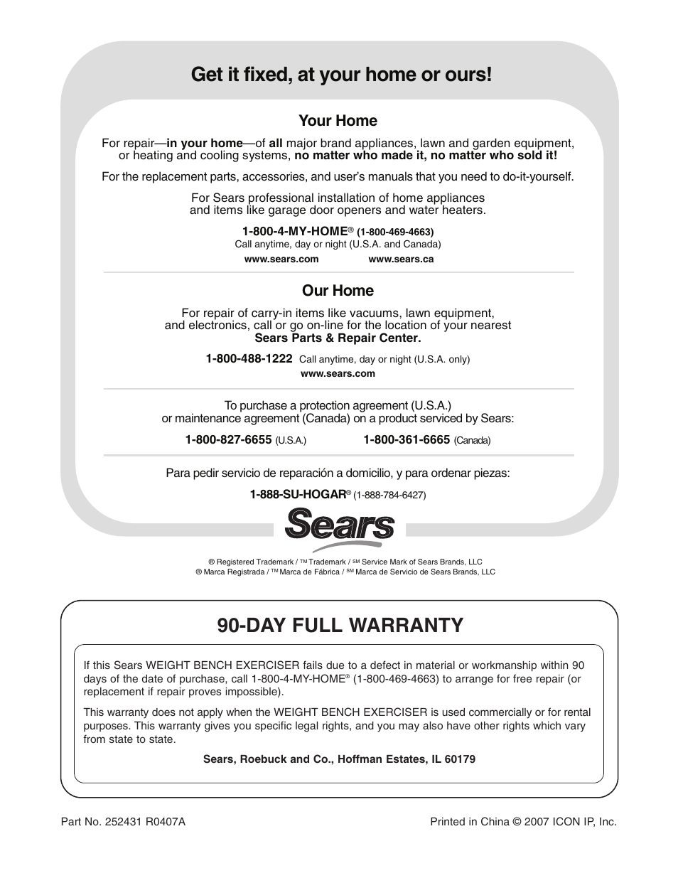 Get it fixed, at your home or ours, Day full warranty, Your home | Our home | Weider 831.15711.0 User Manual | Page 20 / 20