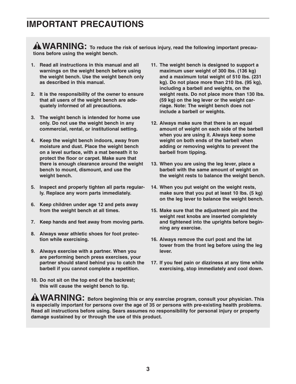 Warning, Important precautions | Weider 831.15711.0 User Manual | Page 3 / 20
