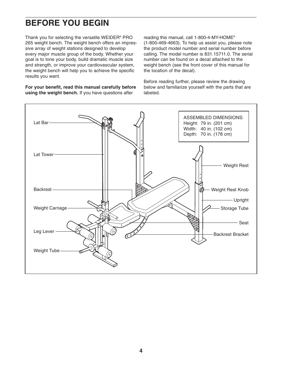 Before you begin | Weider 831.15711.0 User Manual | Page 4 / 20