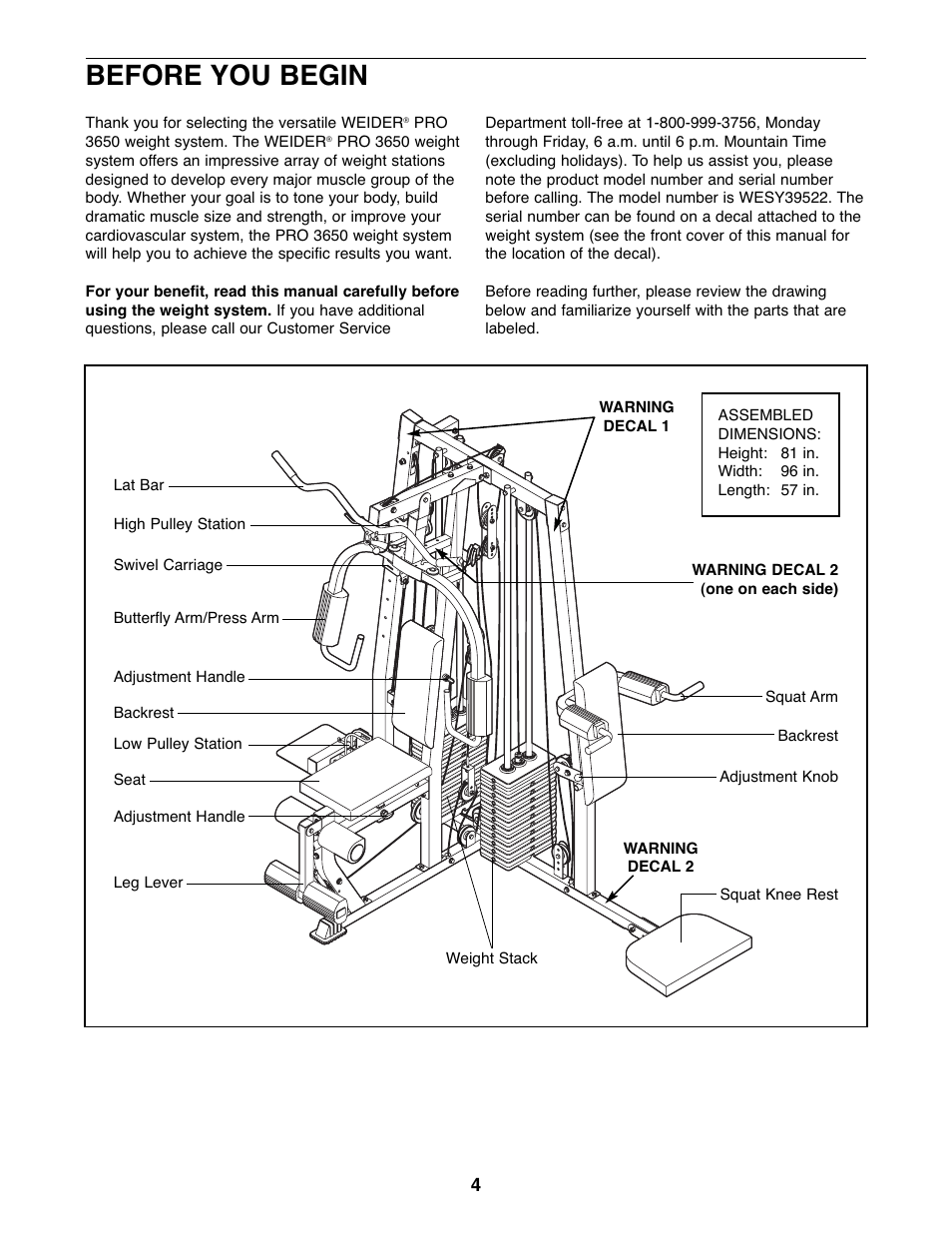Before you begin | Weider WESY39522 User Manual | Page 4 / 35