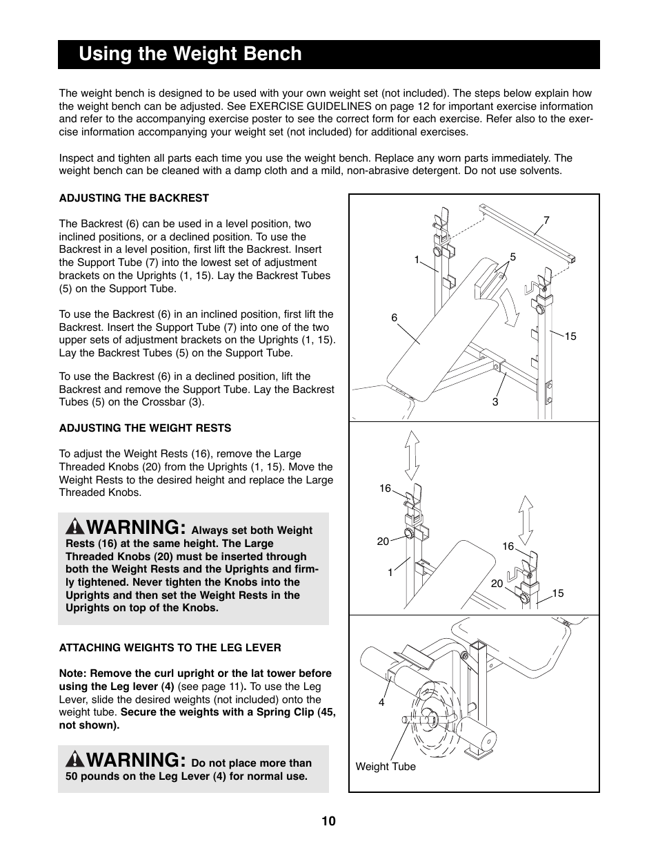 Using the weight bench warning, Warning | Weider WEBE06691 User Manual | Page 10 / 16