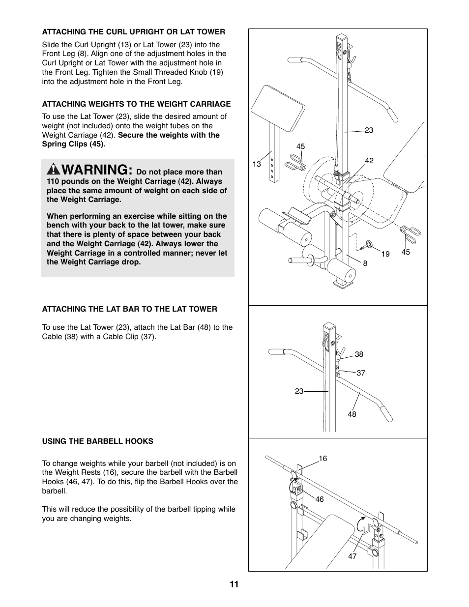 Warning | Weider WEBE06691 User Manual | Page 11 / 16