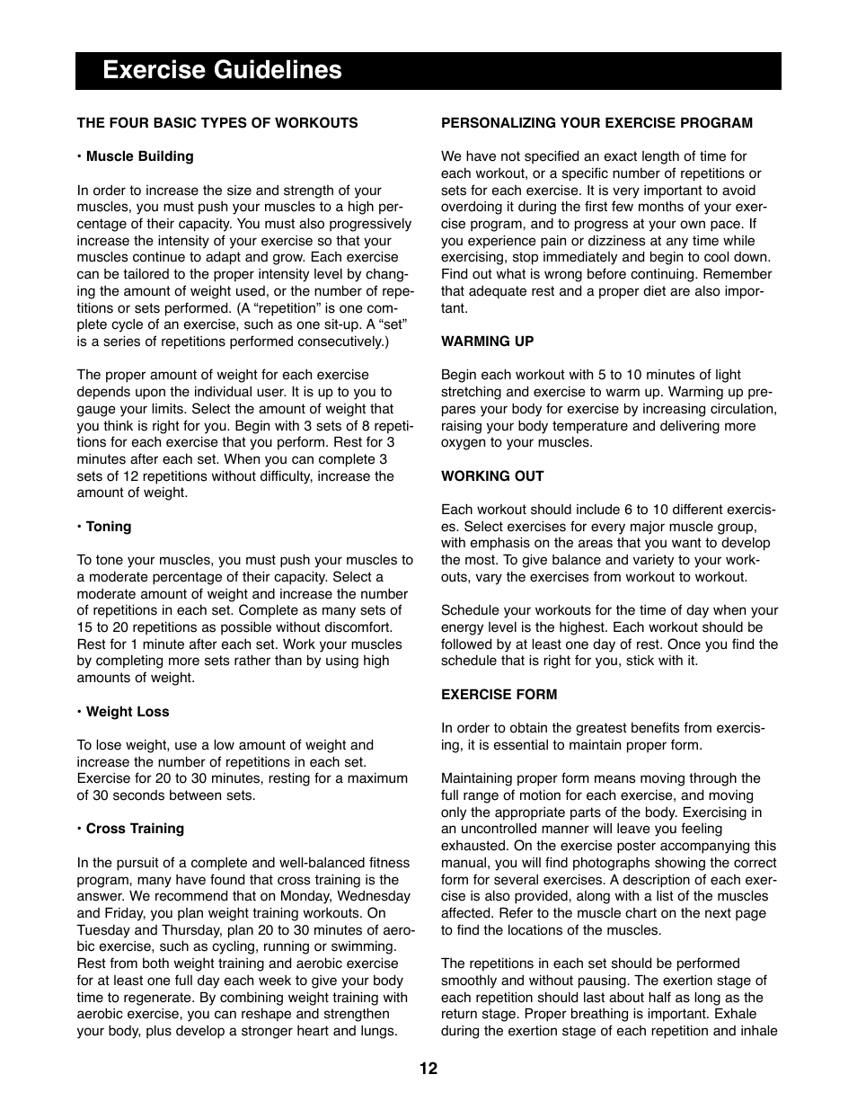 Exercise guidelines | Weider WEBE06691 User Manual | Page 12 / 16