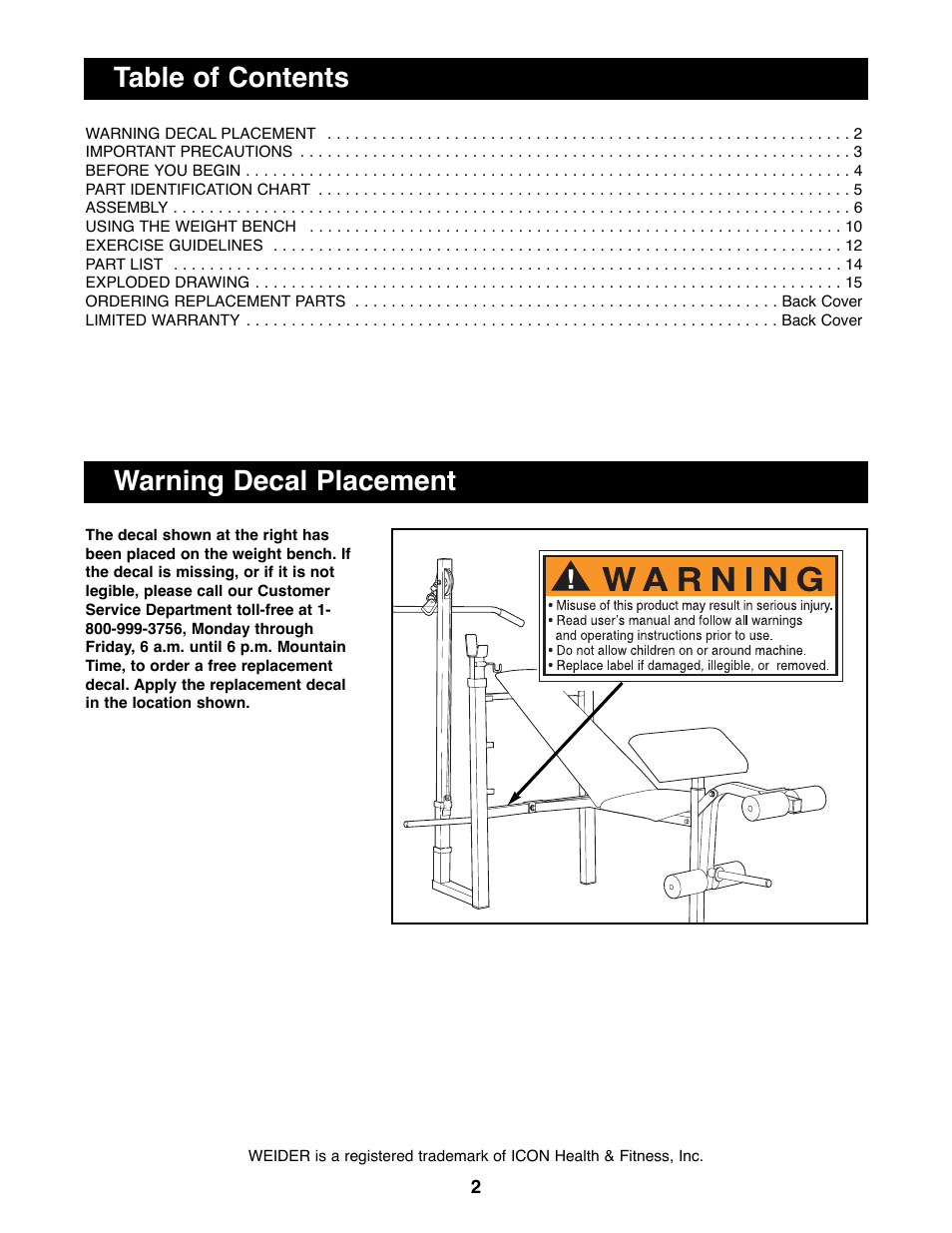 Weider WEBE06691 User Manual | Page 2 / 16