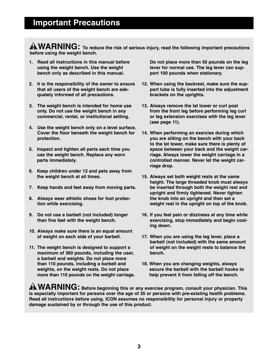 Important precautions warning, Warning | Weider WEBE06691 User Manual | Page 3 / 16