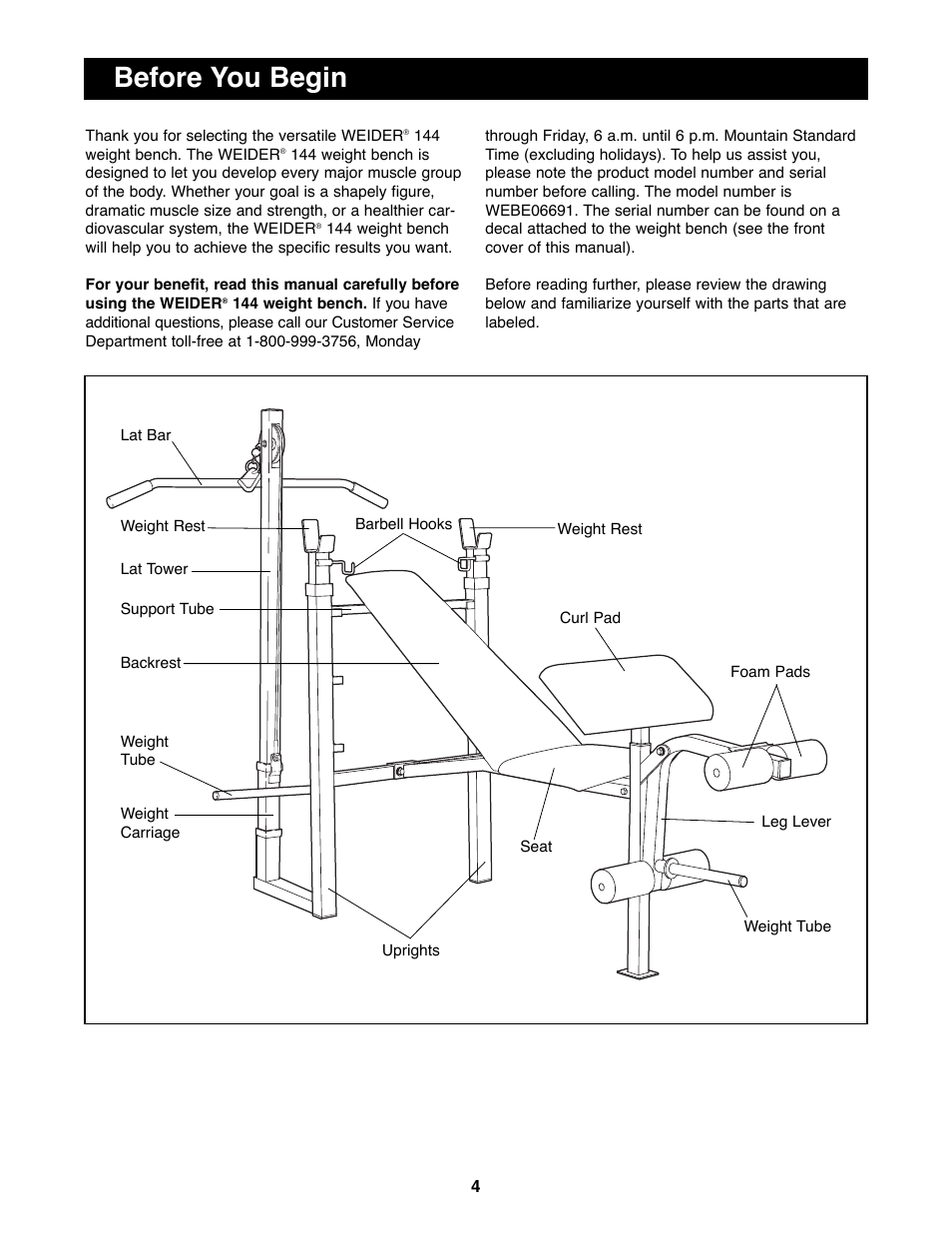 Before you begin | Weider WEBE06691 User Manual | Page 4 / 16