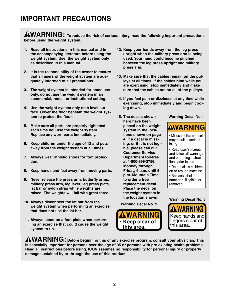 Warning, Important precautions warning, Keep clear of this area | Keep hands and fingers clear of this area | Weider WESY39310 User Manual | Page 3 / 32