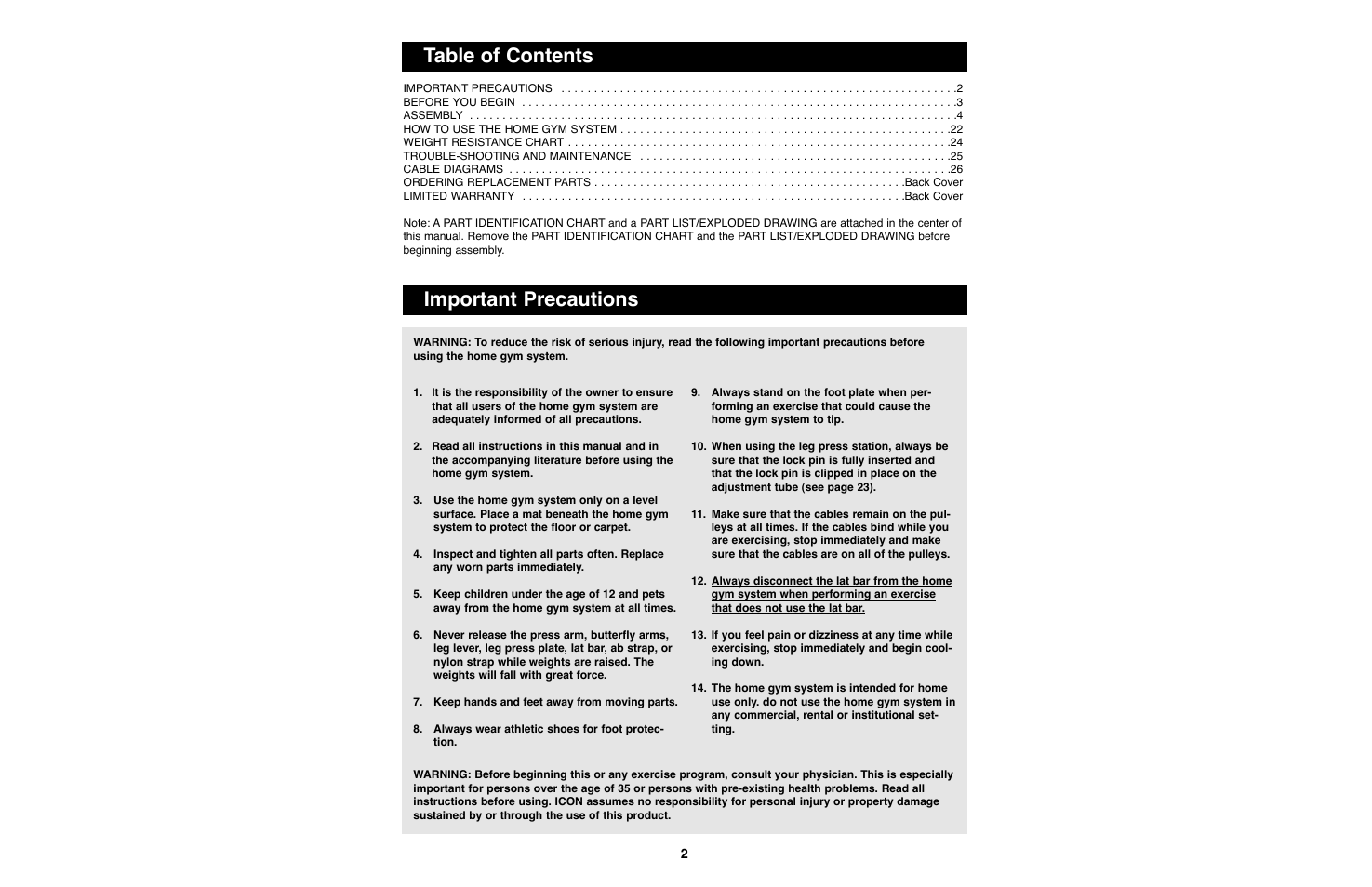 Important precautions table of contents | Weider WESY93190 User Manual | Page 2 / 33
