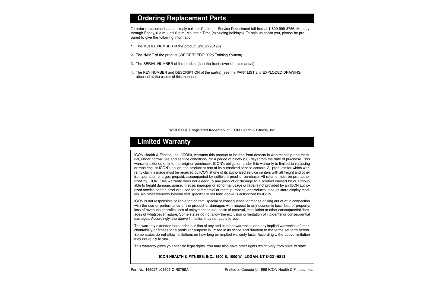 Ordering replacement parts, Limited warranty | Weider WESY93190 User Manual | Page 33 / 33