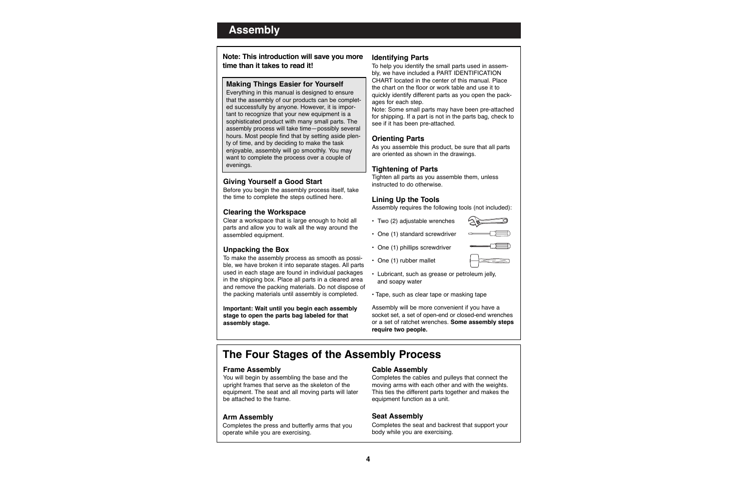 Assembly, The four stages of the assembly process | Weider WESY93190 User Manual | Page 4 / 33