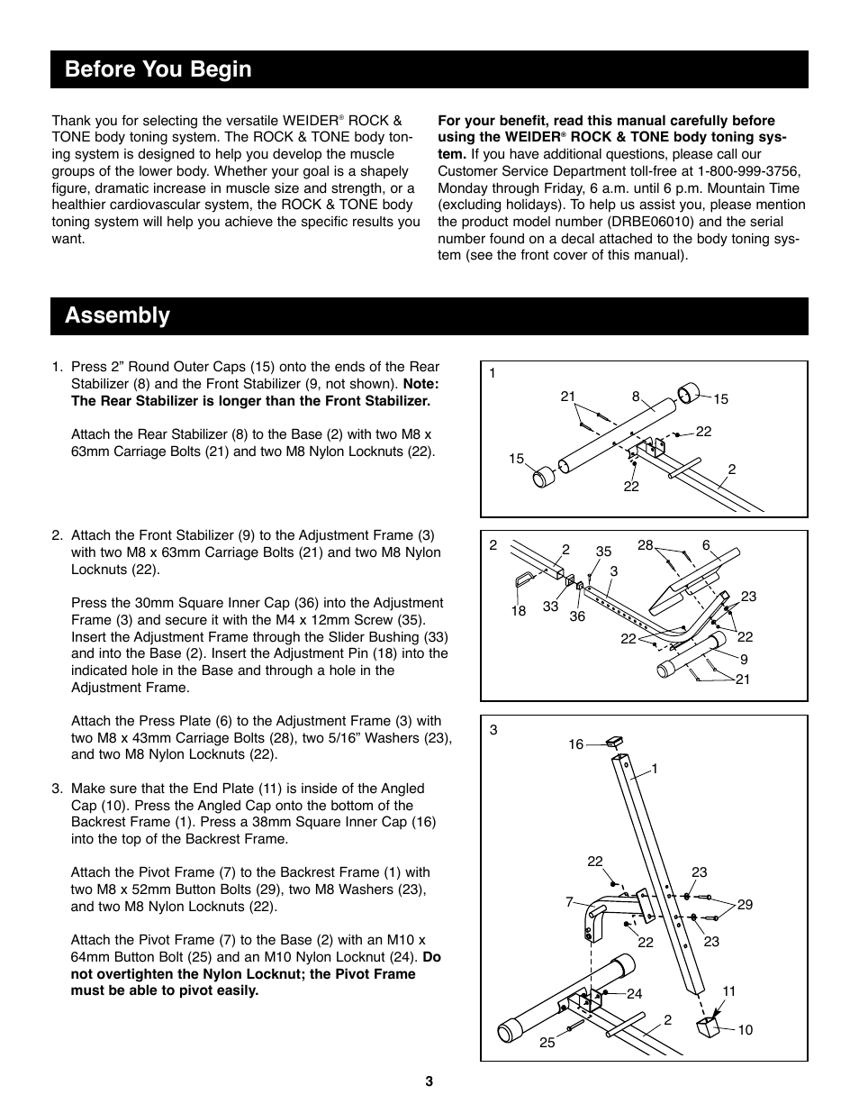 Before you begin, Assembly | Weider DRBE06010 User Manual | Page 3 / 8