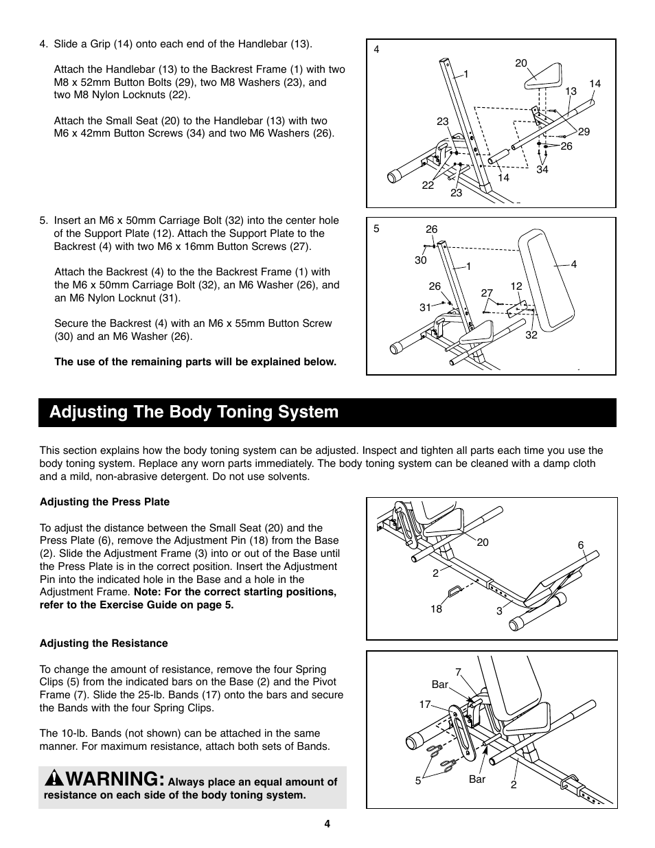 Warning, Adjusting the body toning system | Weider DRBE06010 User Manual | Page 4 / 8