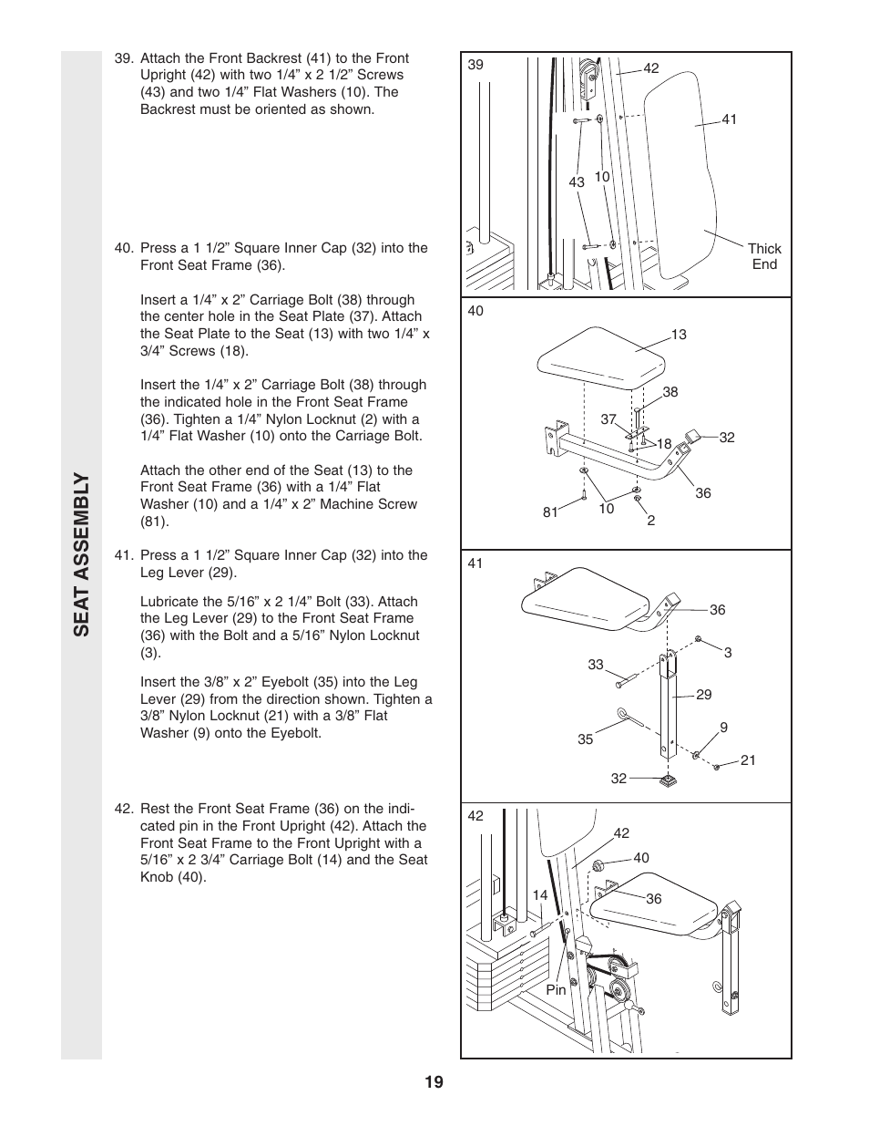 Sea t assembl y | Weider WESY96352 User Manual | Page 19 / 33