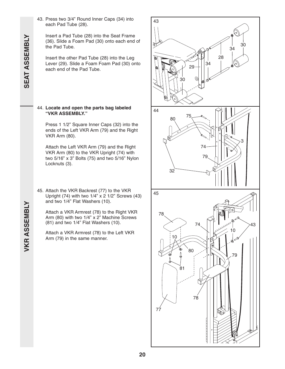 Sea t assembl y vkr assembl y | Weider WESY96352 User Manual | Page 20 / 33