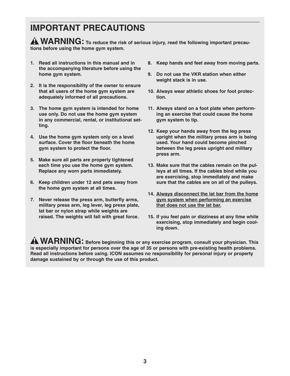 Important precautions warning, Warning | Weider WESY96352 User Manual | Page 3 / 33