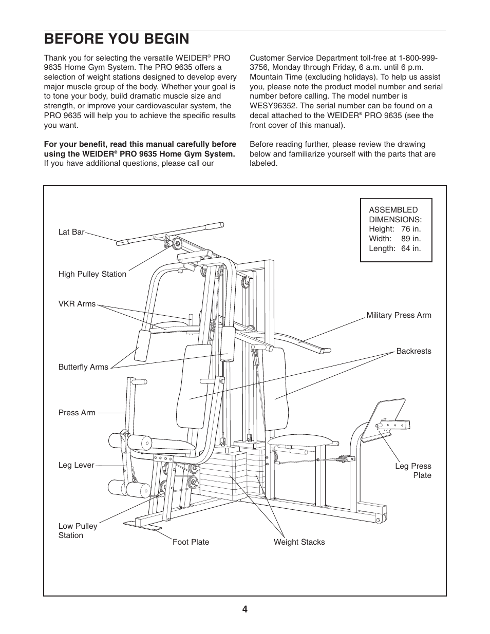 Before you begin | Weider WESY96352 User Manual | Page 4 / 33