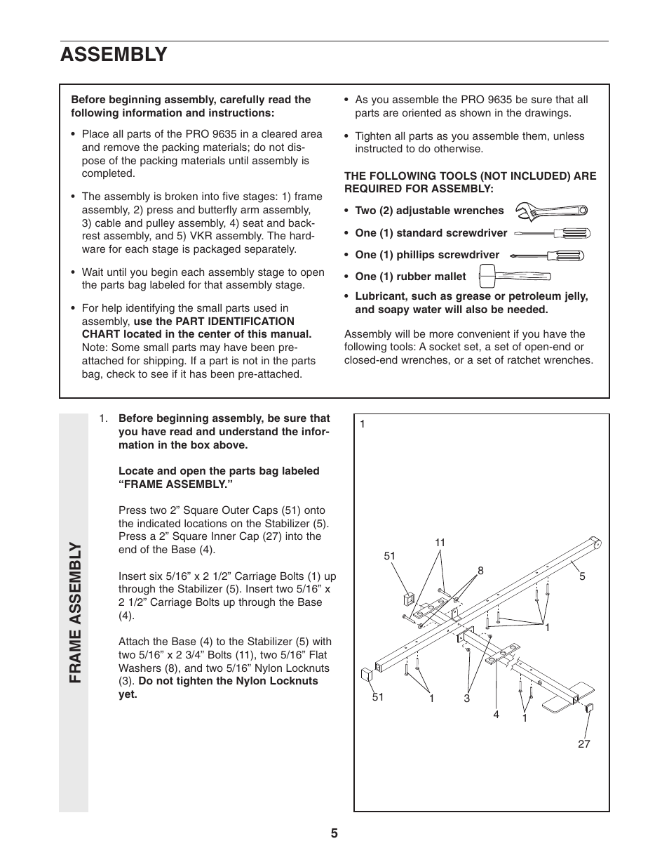 Assembly, Frame assembl y | Weider WESY96352 User Manual | Page 5 / 33