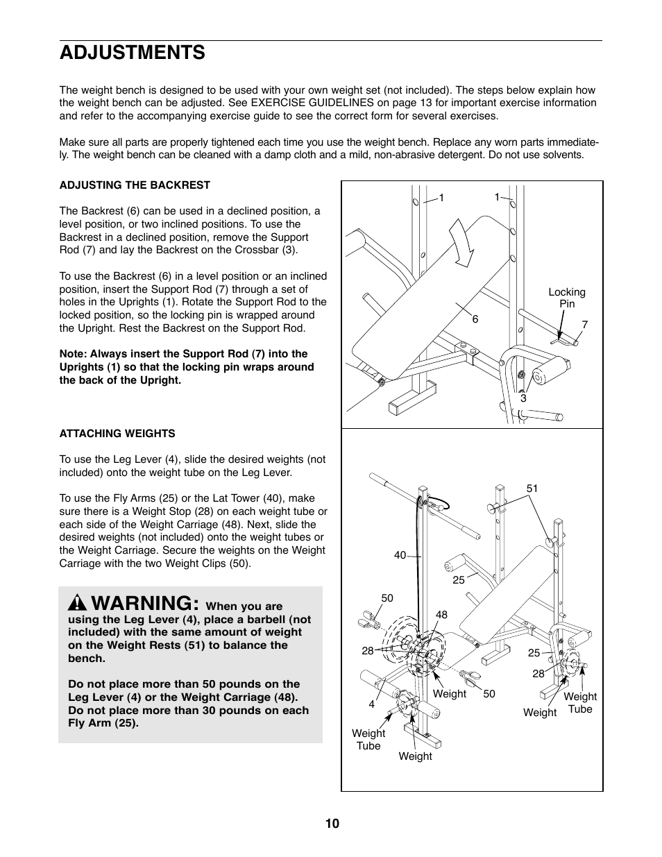 Warning, Adjustments | Weider WEBE03820 User Manual | Page 10 / 20