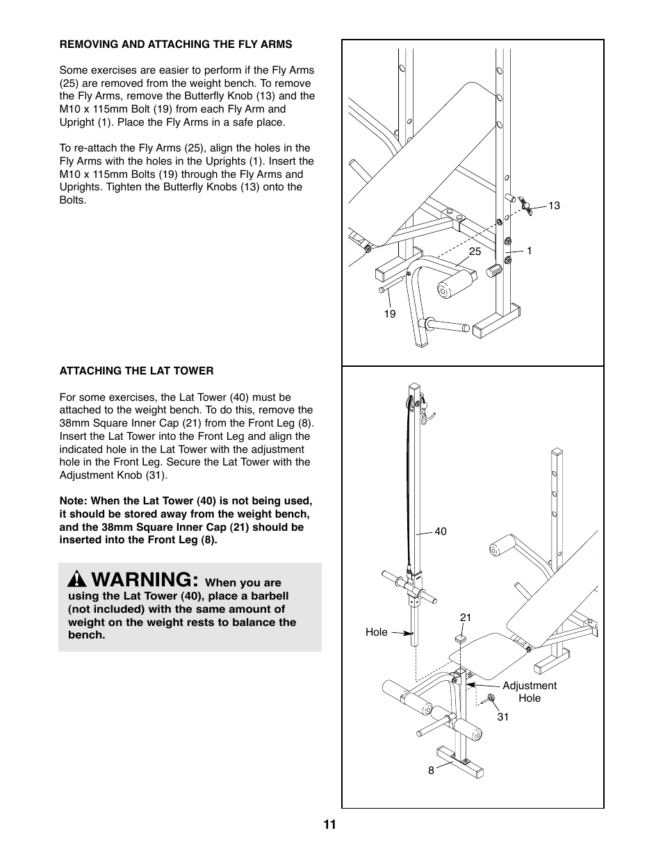 Warning | Weider WEBE03820 User Manual | Page 11 / 20