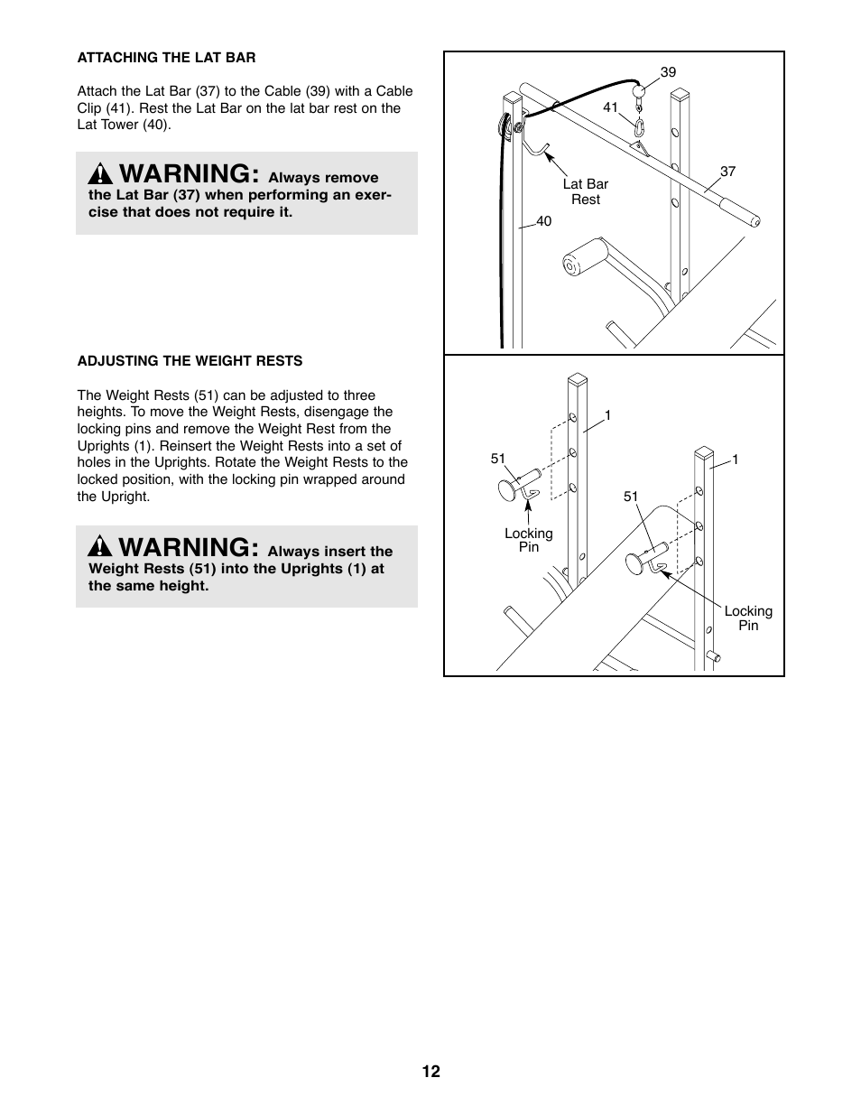 Warning | Weider WEBE03820 User Manual | Page 12 / 20